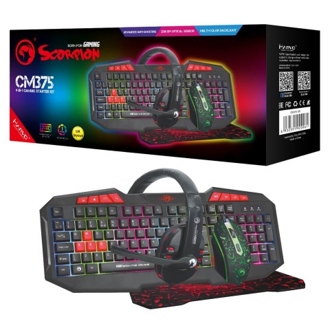 Marvo Scorpion CM375 4-in-1 Gaming Bundle, Wired Keyboard, Mouse, Headset and Mouse Pad, 7 Colour LED, Multimedia, Anti-ghosting Keys, 3200 dpi Mouse, Non-slip Mouse Pad and Stereo Headset